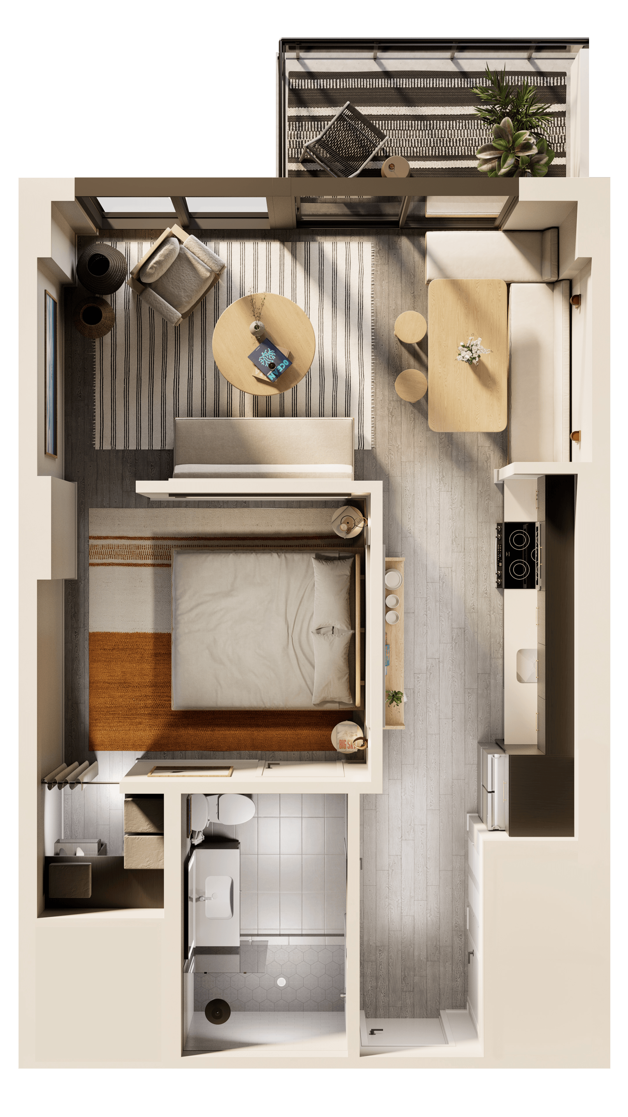 a 3d rendering of a bedroom with a bed and a bathroom